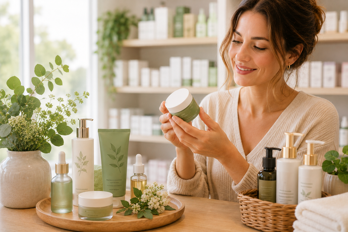 Eine Frau betrachtet ein Tiegelchen mit Hautpflegeprodukten auf einem Tisch mit Naturkosmetik und Pflanzen.