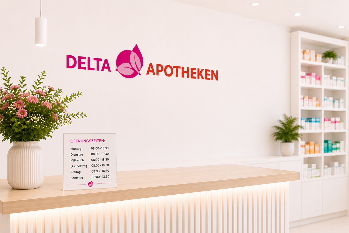 Heller Apothekenempfangsbereich mit DELTA APOTHEKEN-Schild, weißen Wänden, Blumen und Ausstellungsregalen