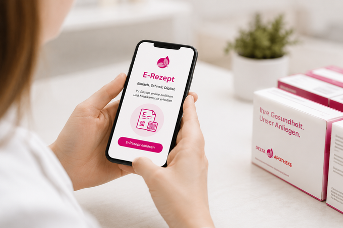Hände halten ein Smartphone, auf dem die E-Rezept-App zu sehen ist, neben einer Medikamentenbox auf einem Tisch.