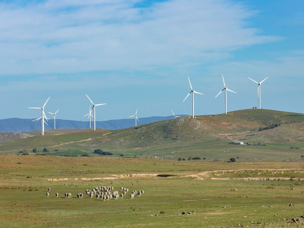 An Array Of Large Wind Turbines Moving On A Sunny Day Located Southeast Of Lake George And North Of Bungendore — Queanbeyan Carpets in Bungendore, NSW