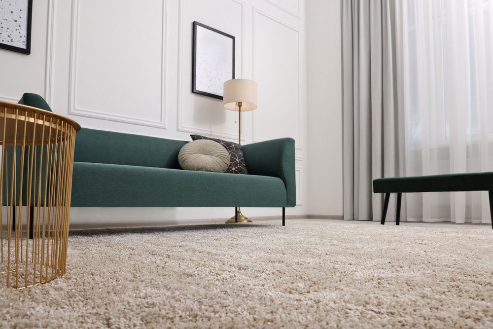 A Living Room With A Green Couch , A Table , A Lamp And A Rug — Queanbeyan Carpets in Queanbeyan, NSW