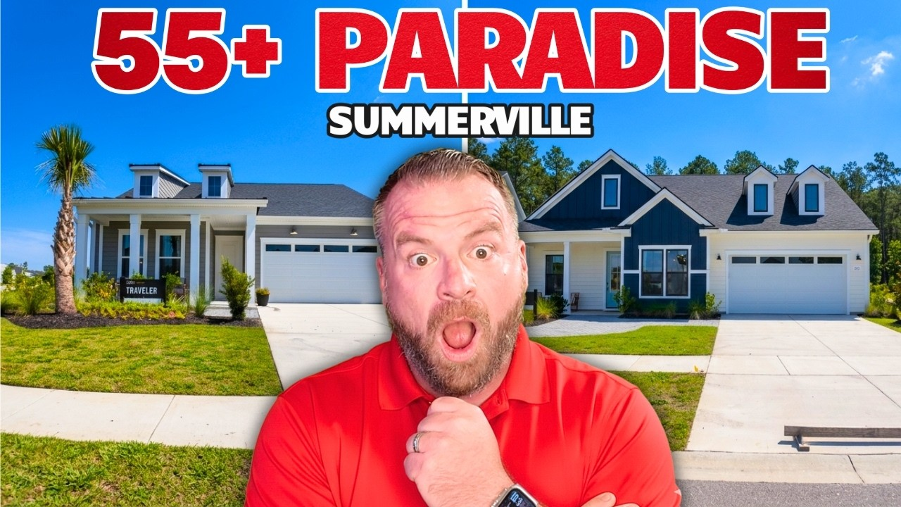 Man in red shirt in front of suburban houses with “55+ PARADISE” and “SUMMERVILLE” text