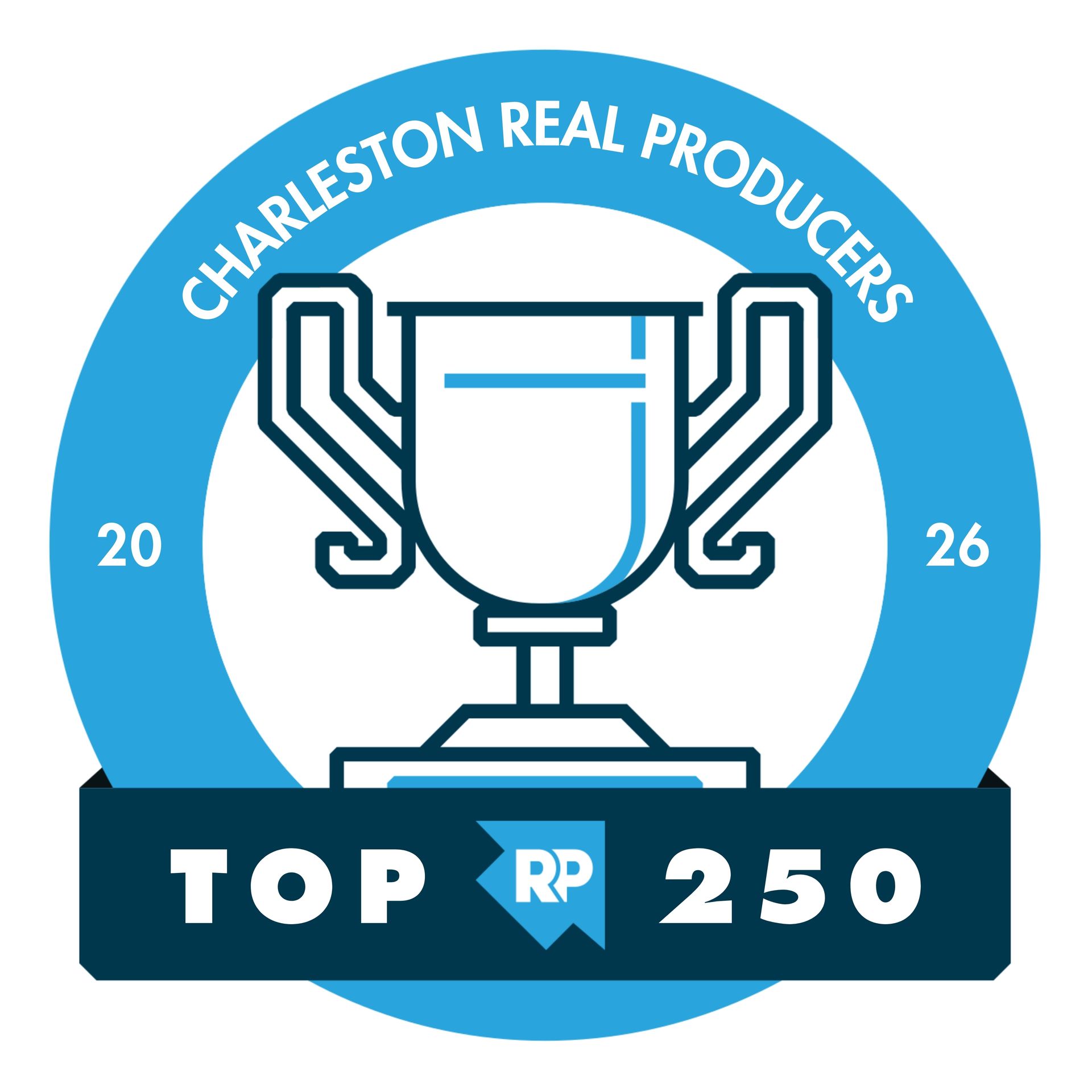 Charleston Real Producers Top 250 award badge with blue trophy emblem and 2026 text