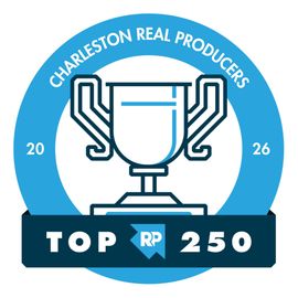 Charleston Real Producers Top 250 award badge with blue trophy emblem and 2026 text
