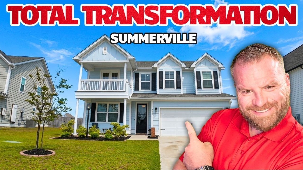 Bright suburban house with a man in a red shirt pointing, overlaid text “TOTAL TRANSFORMATION” and “SUMMERVILLE”