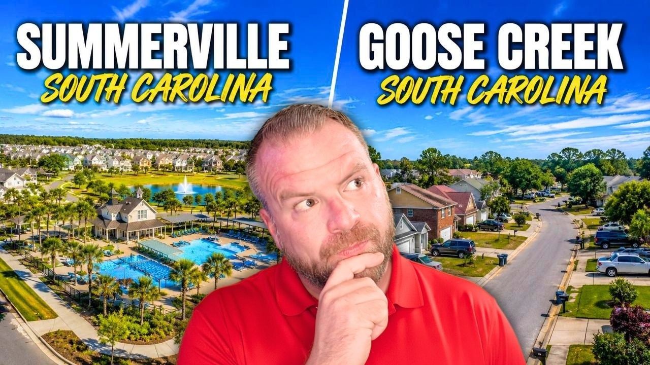 Summerville and Goose Creek, South Carolina, with a man in red thinking between resort pool and road views