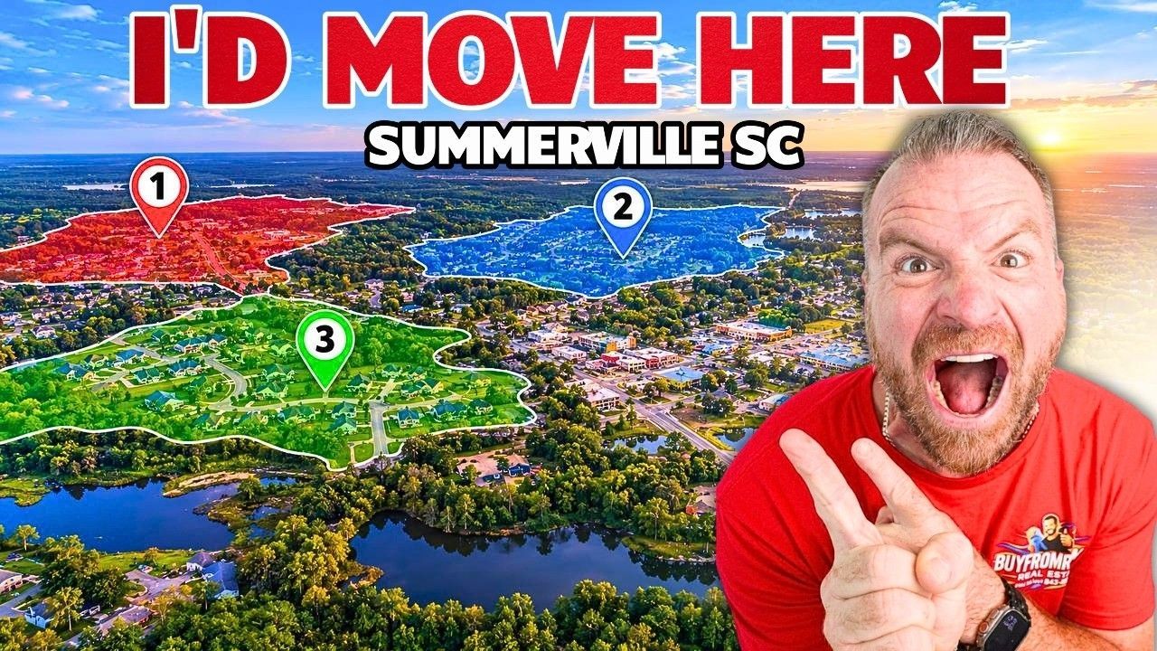 A colorful map of Summerville, SC, highlighting neighborhoods with a man enthusiastically gesturing in the foreground.
