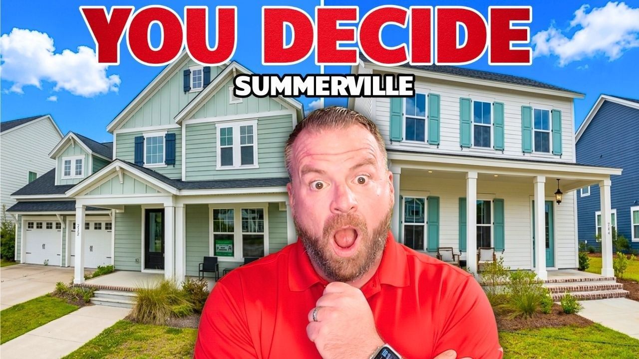 Man in red shirt in front of a blue house with “YOU DECIDE” and “SUMMERVILLE” text above