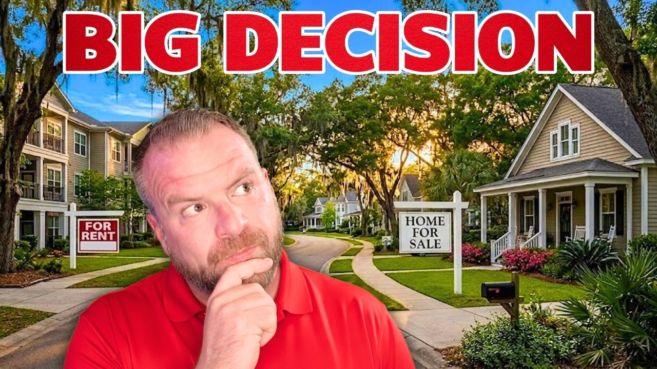Man in red shirt thinking in front of suburban houses with “BIG DECISION” text