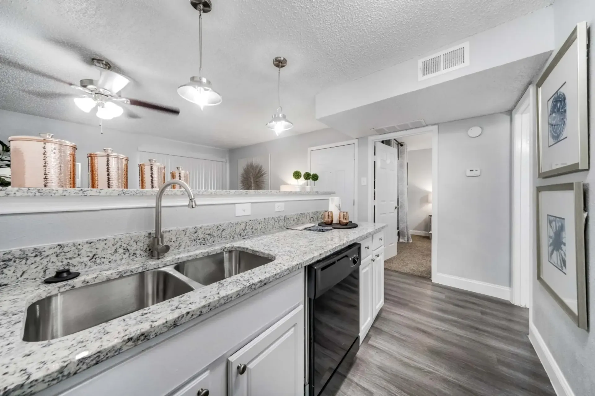 A kitchen with two sinks , a dishwasher , and a ceiling fan.