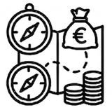 Un'icona stilizzata raffigurante due bussole su una mappa con un sacchetto di euro e pile di monete, a rappresentare la pianificazione finanziaria.