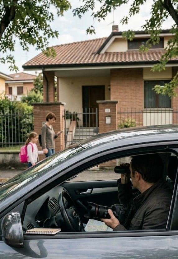 Una persona in auto osserva con un binocolo e una macchina fotografica professionale una persona e un bambino che camminano sul marciapiede.