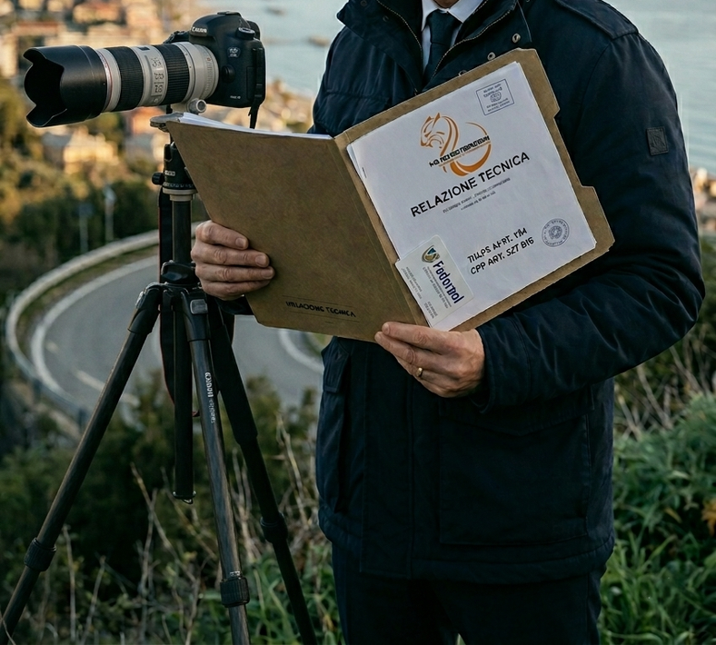 Una persona con un cappotto scuro tiene in mano una cartella contenente una relazione tecnica vicino a una telecamera su un treppiede, con vista su una strada costiera.