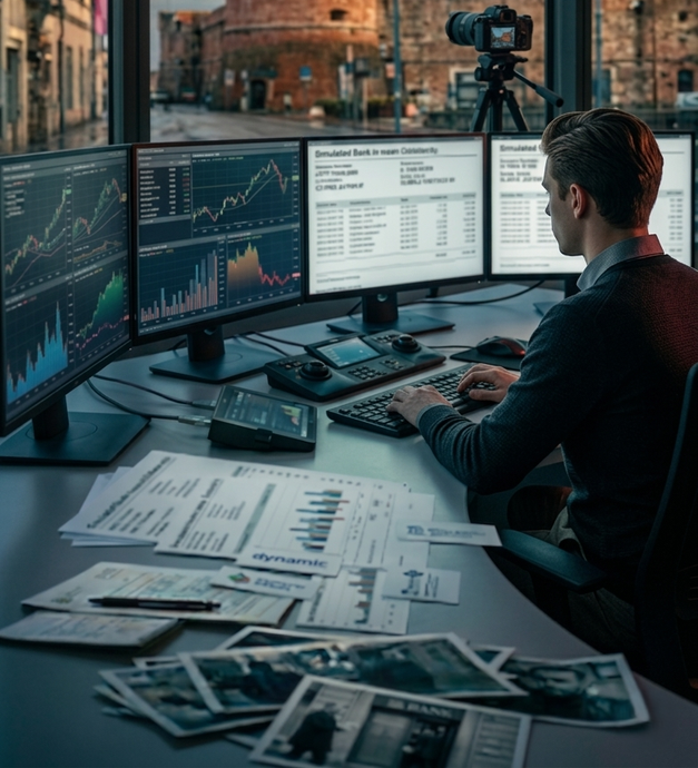 Una persona lavora a una scrivania con quattro monitor che visualizzano dati finanziari, circondata da documenti e fotografie, di fronte a una finestra.