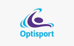 Paars en blauw Optisport-logo: gestileerde persoon met vloeiende bogen.