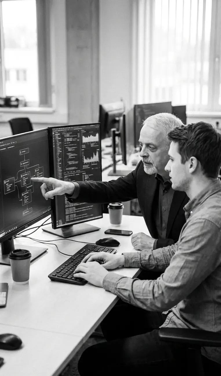 Two people sit at a computer workstation, one pointing at complex data on the screen while the other types on a keyboard.
