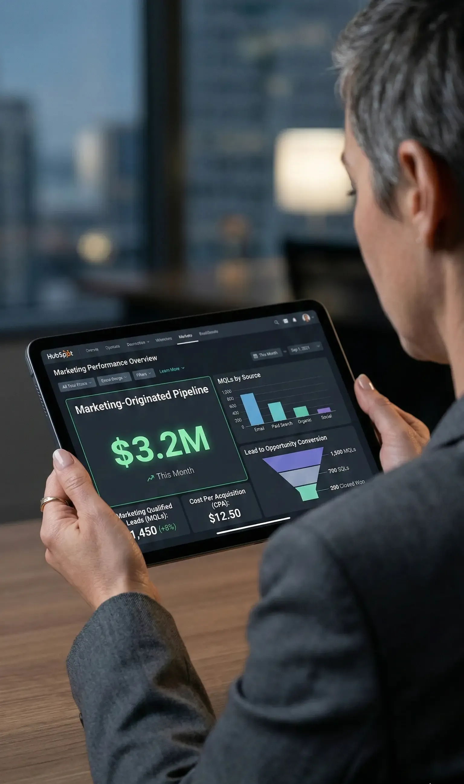 A professional holds a tablet displaying business analytics and a $3.2M total in a dim office setting.