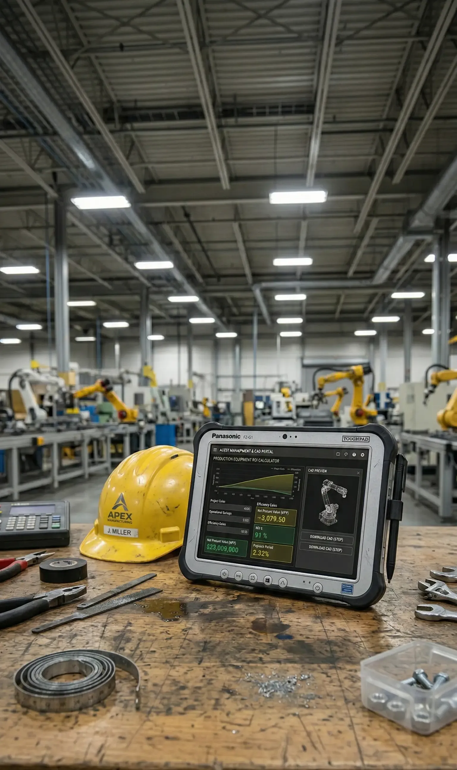 A tablet displaying industrial diagnostics rests on a workbench near a yellow hard hat in a factory with robotic arms.