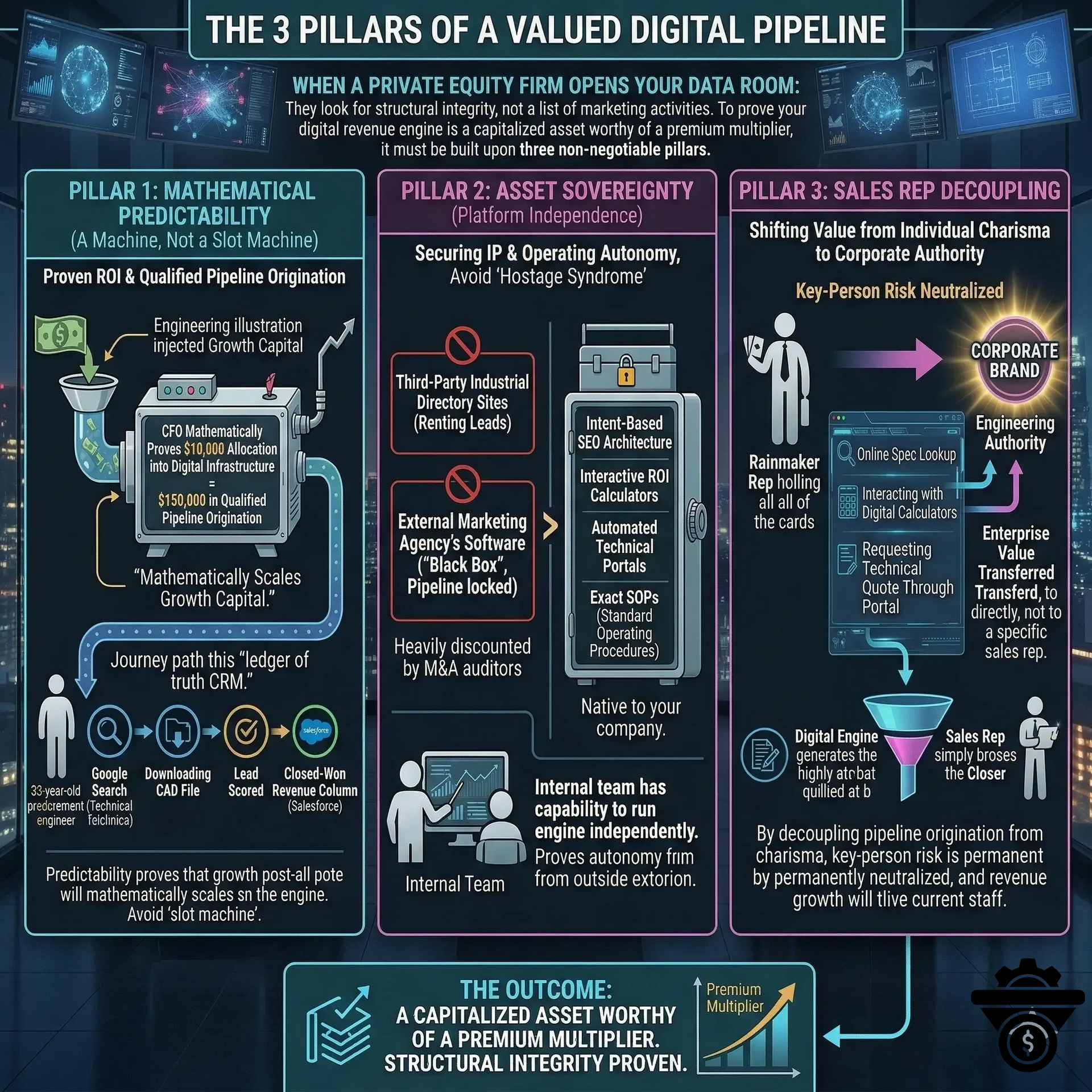 Infographic showing three pillars of a valued digital pipeline: mathematical predictability, asset sovereignty, and decoupling.