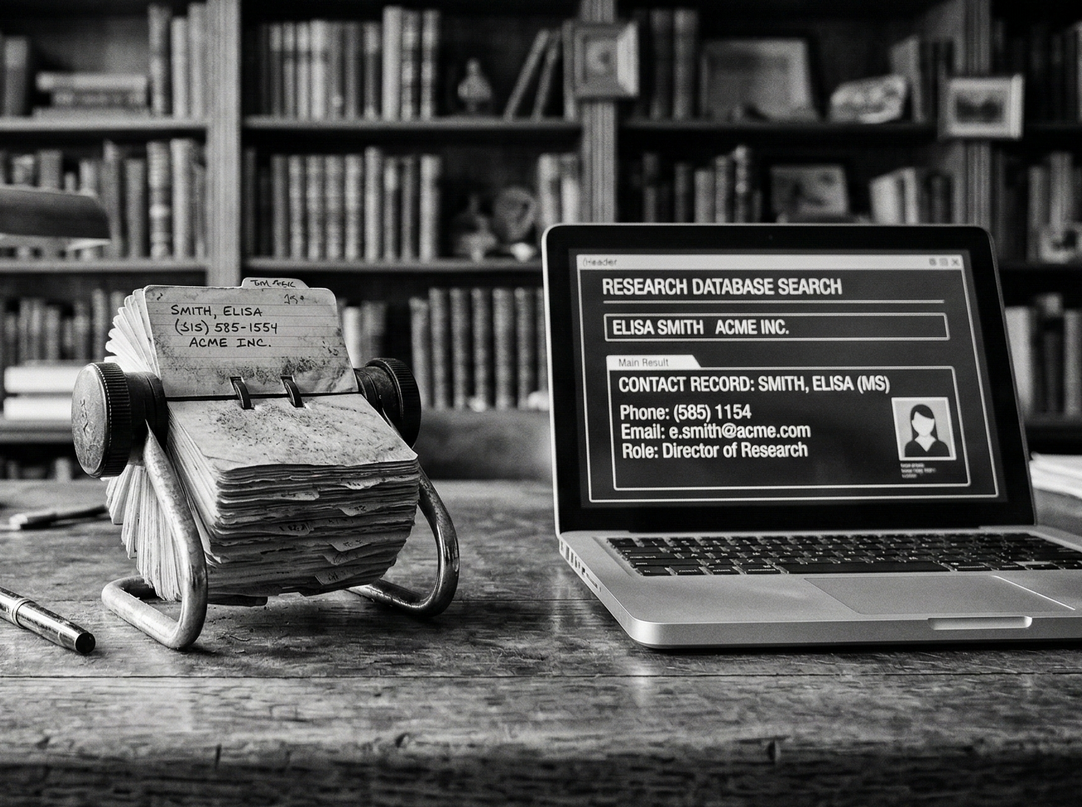 The desk of a CEO with a laptop and old rolodex depicting outdated business development practices.
