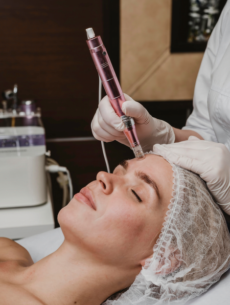 Cosmetic treatment with a syringe applied to a client's forehead in a spa setting