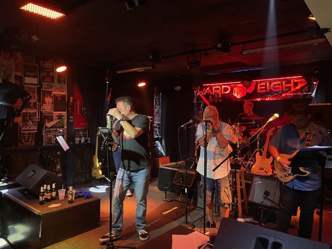 Band performing on stage in a dimly lit bar, with a singer and harmonica player.