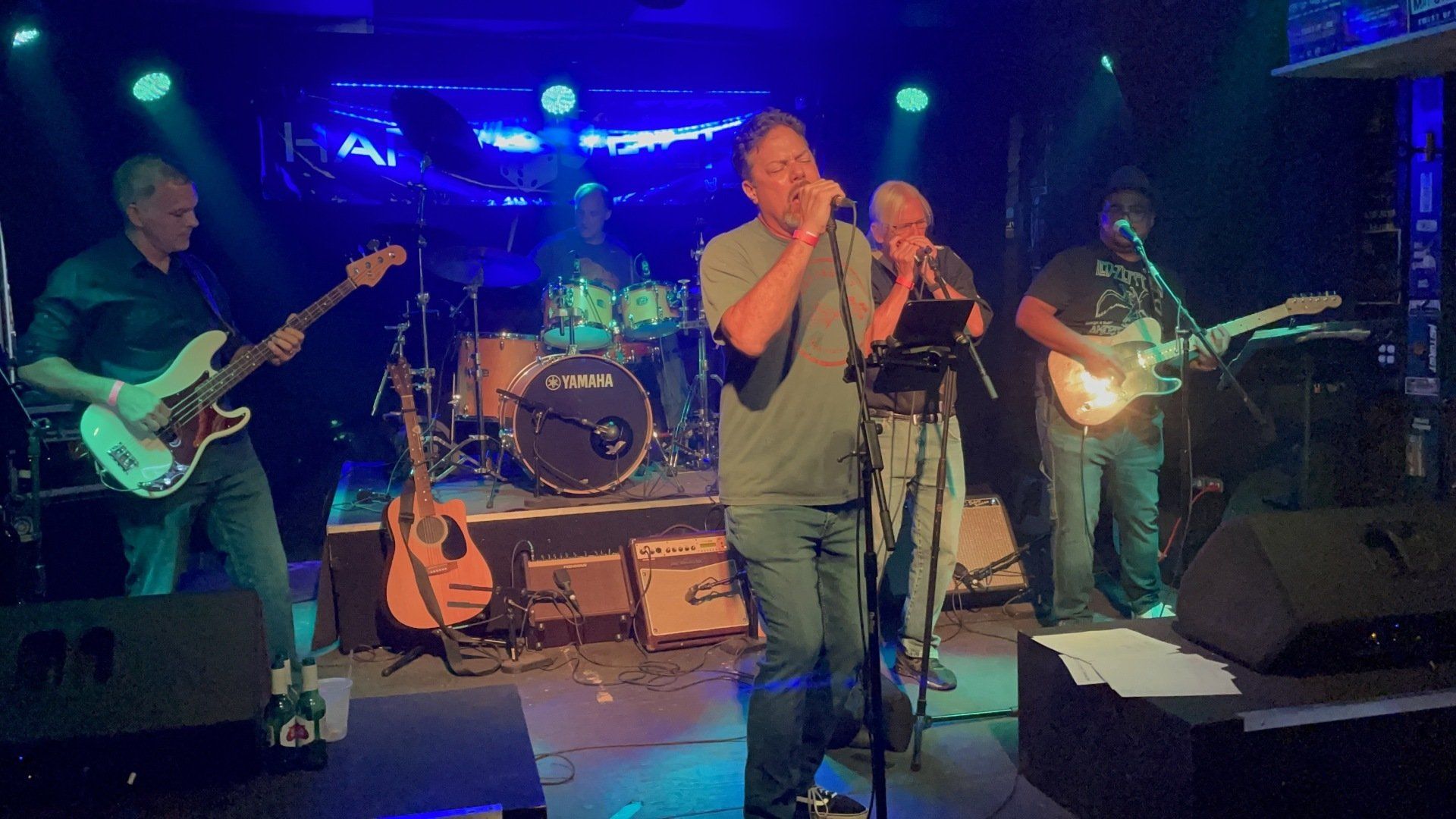 Band performing live on stage at a venue; singer with microphone, musicians playing instruments, dark setting with blue stage lights.