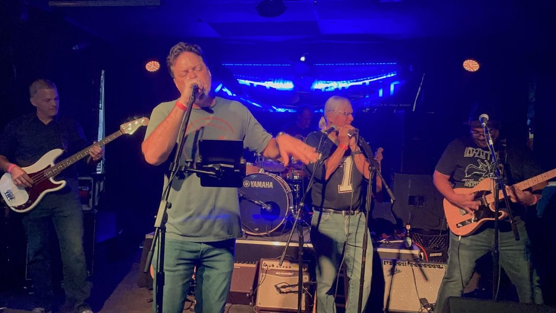 Band performing on stage: singer with microphone, harmonica player, bassist, and guitarist.