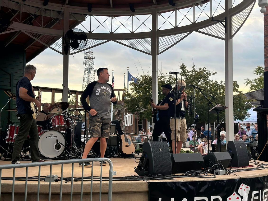 Band performing on an outdoor stage. People are watching in the background. Cloudy sky overhead.