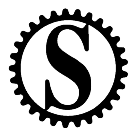 Black gear icon with a white circle and a stylized letter “S” in the center