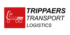 Rood vierkant met een wit, gestileerd vrachtwagenicoon en de tekst: TRIPPAERS TRANSPORT LOGISTICS.