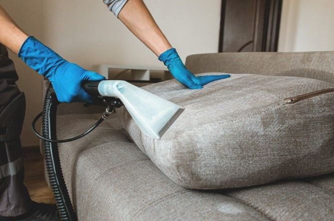 Person steam-cleans a gray sofa with a handheld upholstery tool.