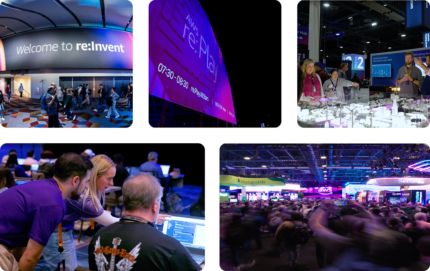 Conference expo with purple-lit booths, busy attendees, and large screens in a crowded venue