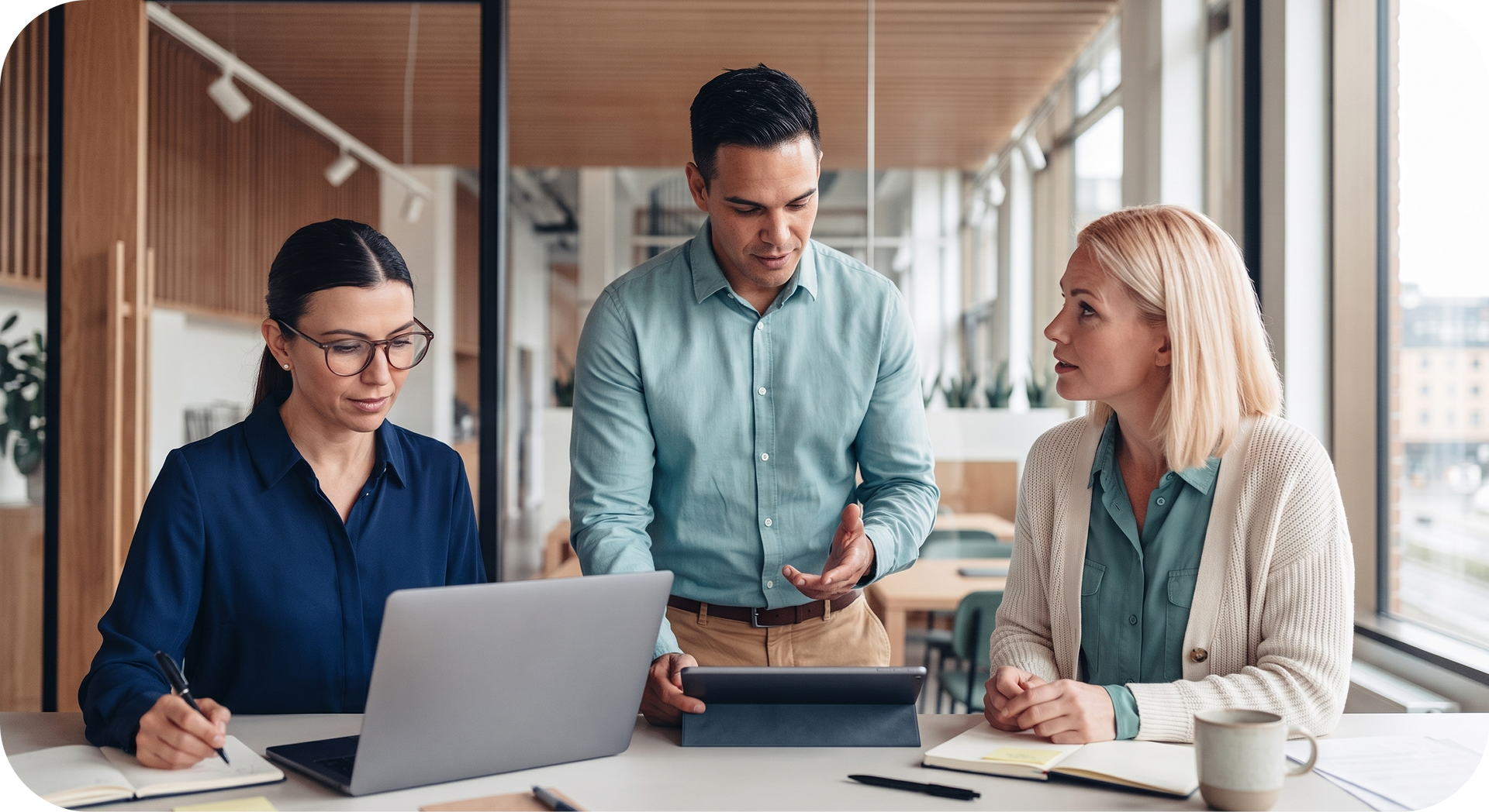 Three coworkers meeting around a laptop in a bright office with city skyline views.