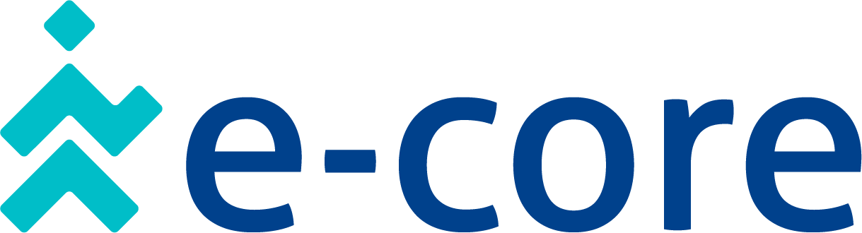 E-core logo with a turquoise figure and the text