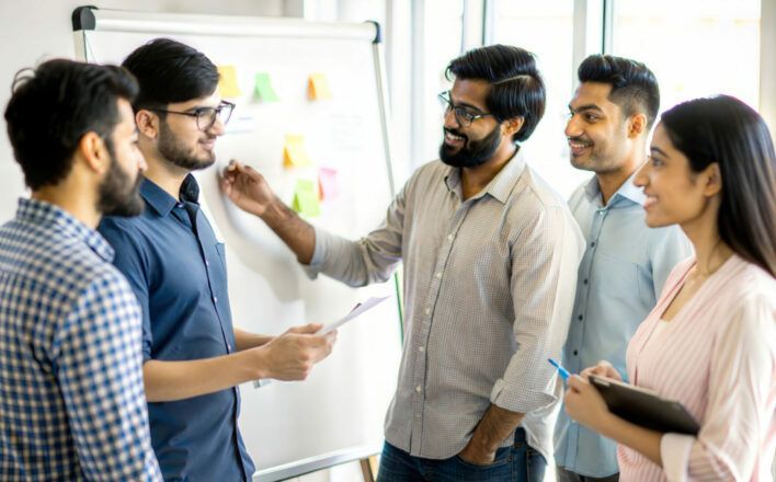 Group of people brainstorming at a whiteboard with sticky notes in a bright office.