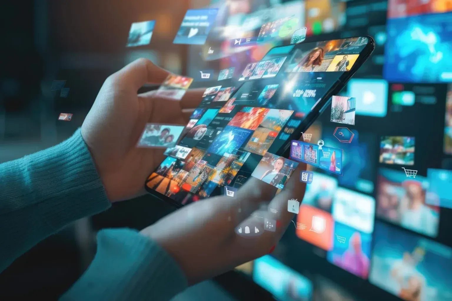 Hands holding a smartphone with floating media app icons, multiple screens visible in background.