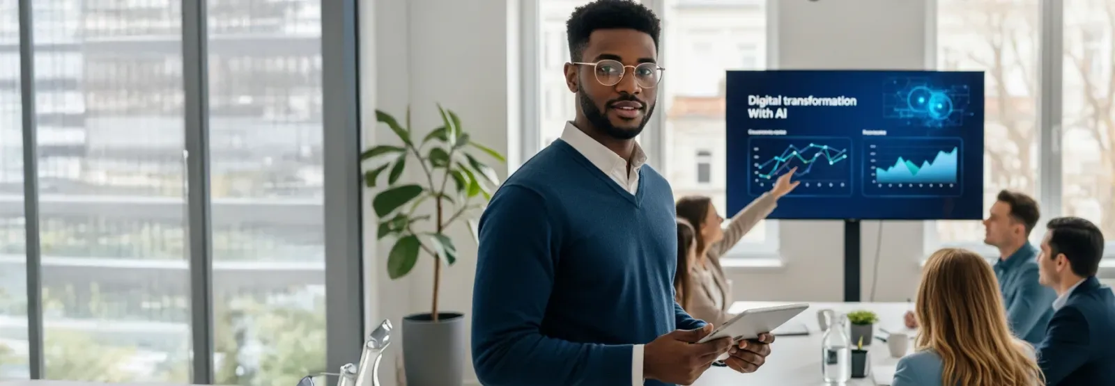 Man in blue sweater smiles while holding a tablet in a meeting, with charts on a screen in the background.