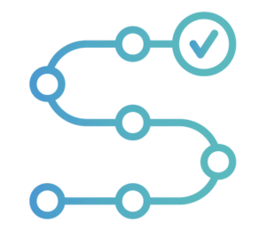 Blue and turquoise path with circular nodes, ending with a checkmark, illustrating a process or journey.