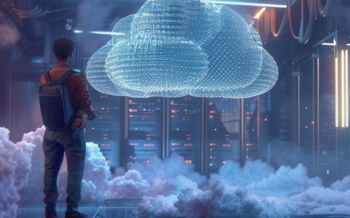 Man with backpack looks at a digital cloud in a tech lab. Servers and glowing neon accents are in the background.