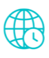 Globe with clock icon, teal outline. Suggests global time, international time zones.