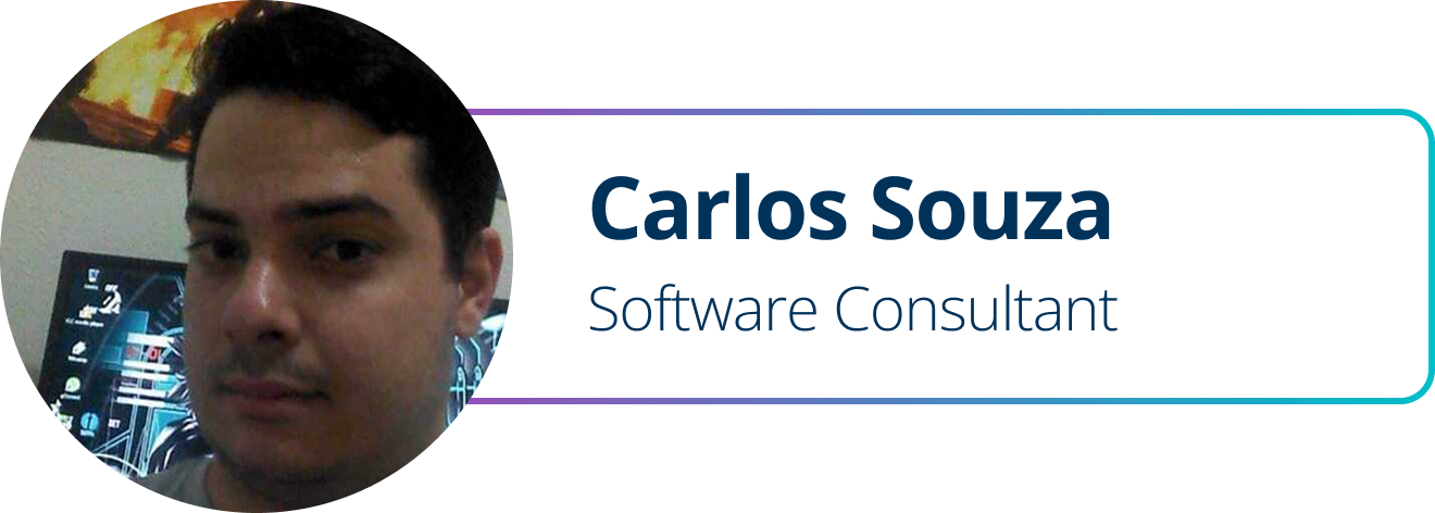 Profile card for Carlos Souza, labeled “Software Consultant,” with a circular headshot and teal border.