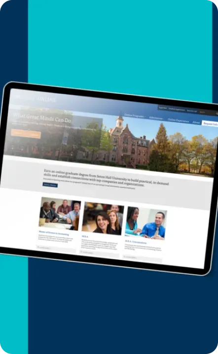 Tablet displaying a university website with a campus building image.