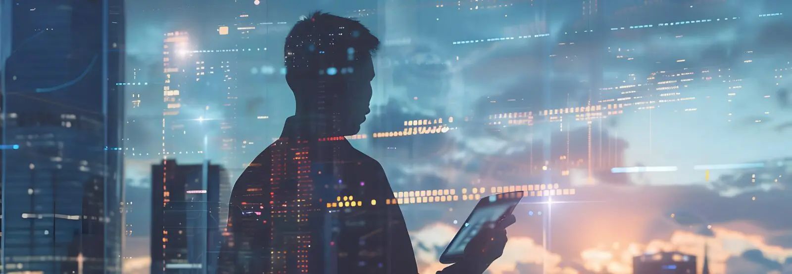 Silhouette of person holding a tablet, with a city background. Digital lines overlay the image.