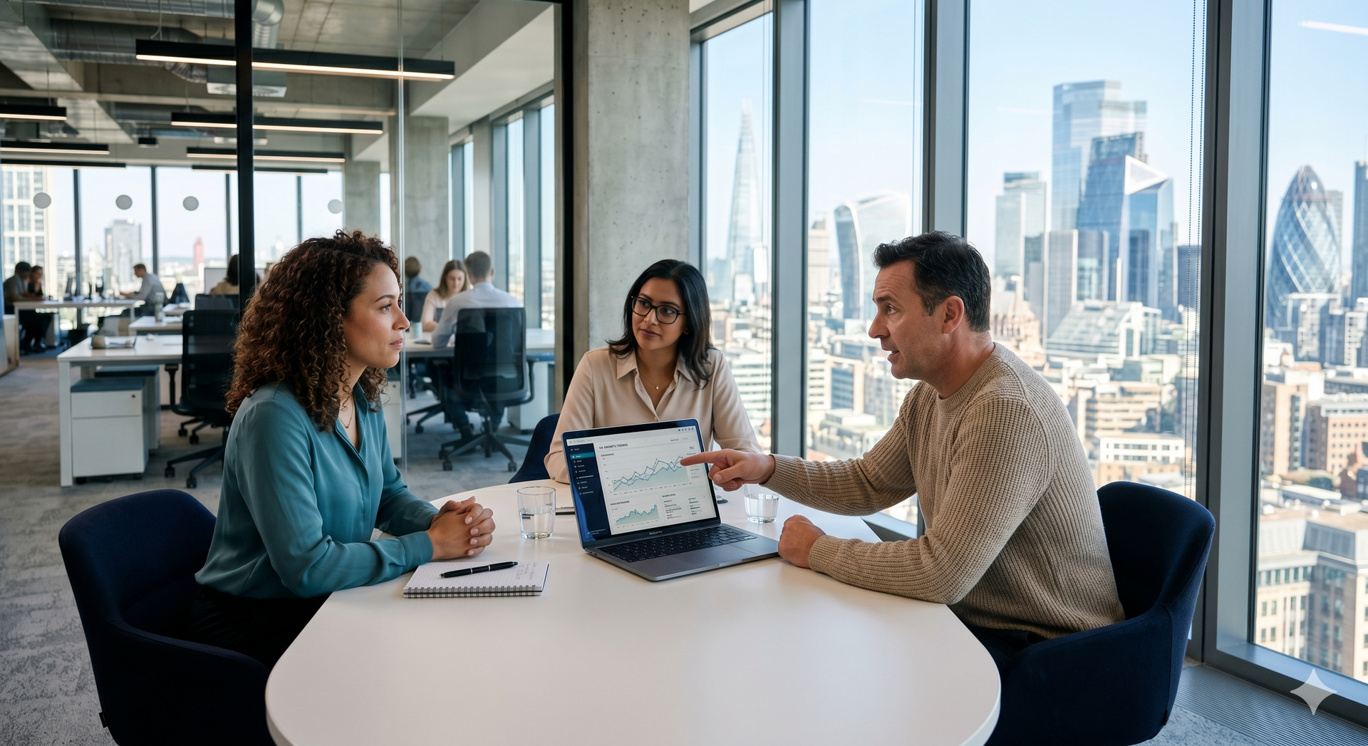 Three coworkers meeting around a laptop in a bright office with city skyline views.