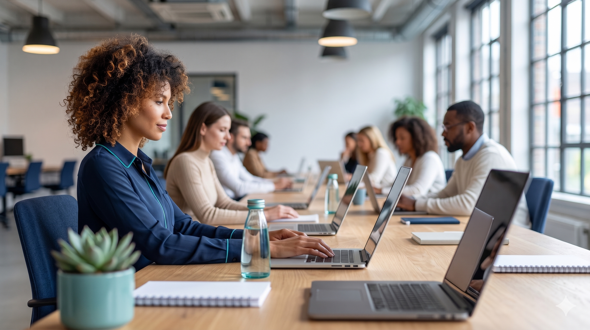 People working on laptops around a conference table in a bright modern office