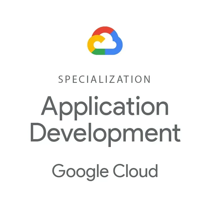 Google Cloud. Um logotipo para desenvolvimento de aplicativos de especialização no Google Cloud.