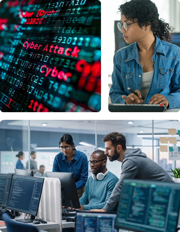 Cybersecurity team monitoring code and data on multiple screens in a modern office