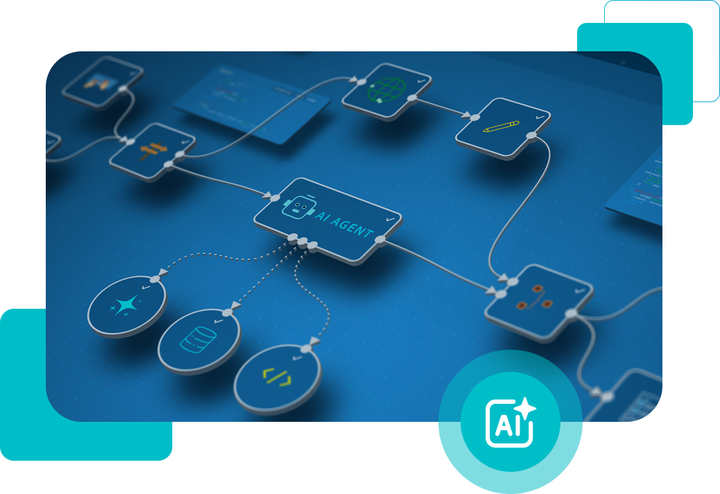 Blue AI workflow diagram with connected nodes and an AI icon badge