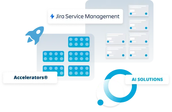 Illustration showcasing Jira Service Management, Accelerators, and AI Solutions with a rocket, blue shapes, and a circular graphic.
